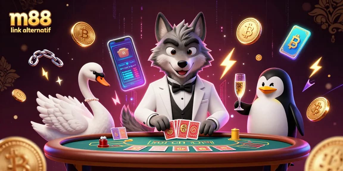 Experience the thrill of m88 link alternatif with a lively scene of casino characters and crypto elements in action.