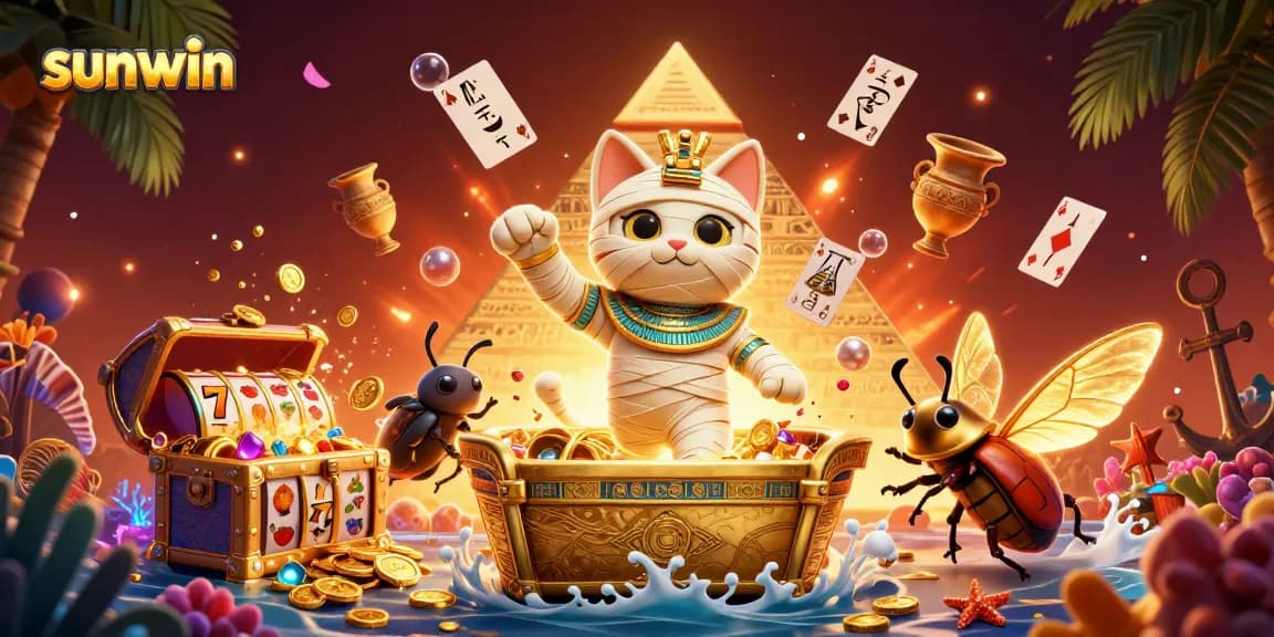Experience thrilling gameplay with sunwin's vibrant casino scene featuring a mummy cat and treasures.