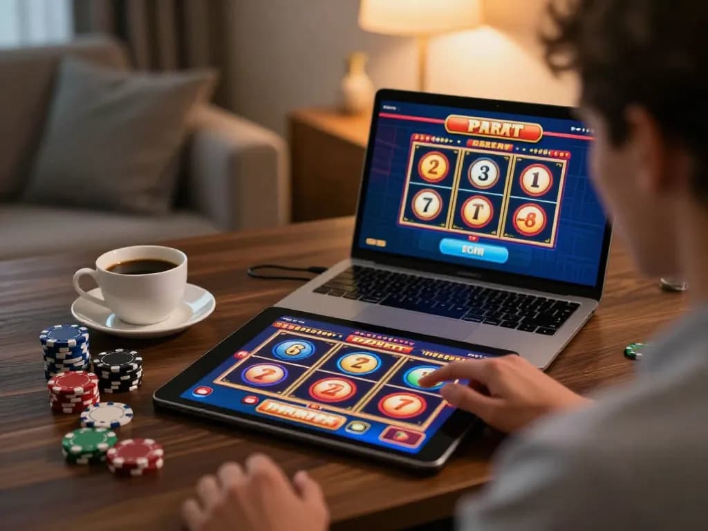 Player enjoying thrilling slots on shbet tablet in comfortable home office setting.