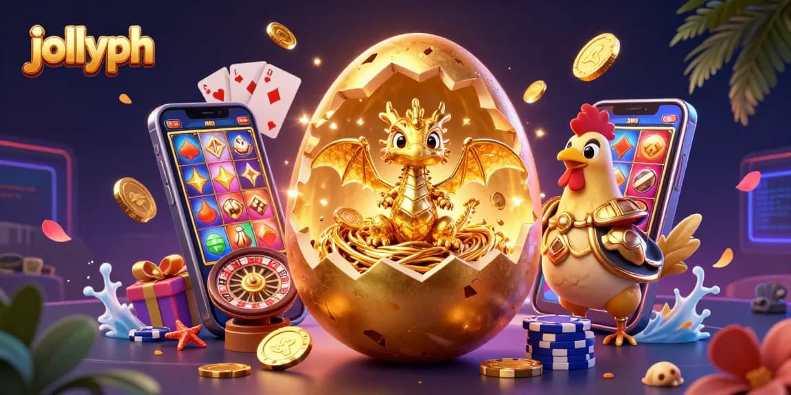Play thrilling games at Jollyph, featuring a golden dragon and vibrant casino elements in a dynamic 3D illustration.