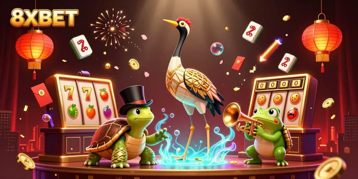 Experience thrilling gaming at 8XBET with vibrant characters and classic casino elements.