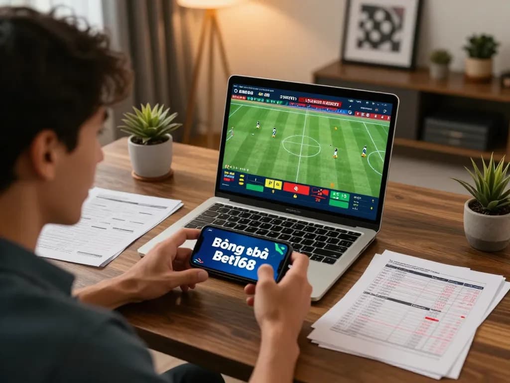 Engaged sports bettor analyzing live updates and placing bets on Bóng đá Bet168 from home workspace.