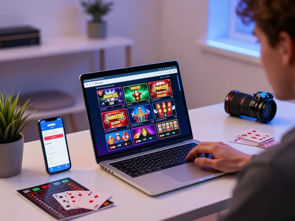 The scene of an enthusiastic user engaged in MM88 đăng nhập at a modern gaming desk, showcasing multiple gaming options on a laptop.