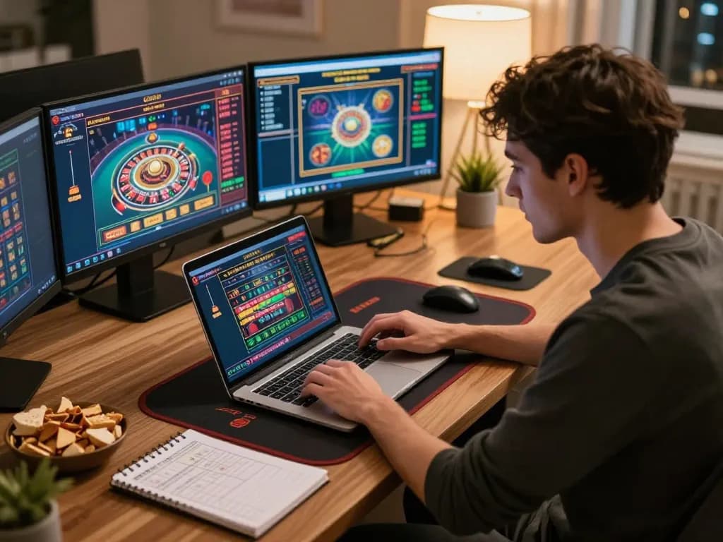 Engaging in fast payout casino Australia gameplay in a modern home office setting.