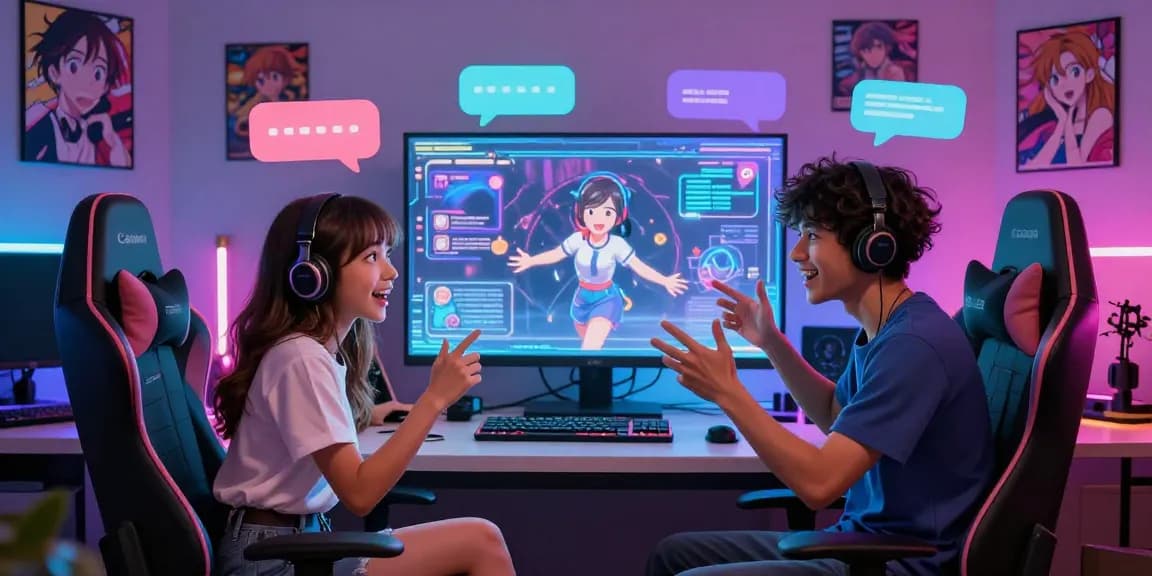 Engaging ai ecchi chat experience with diverse anime characters interacting in a cozy virtual room.