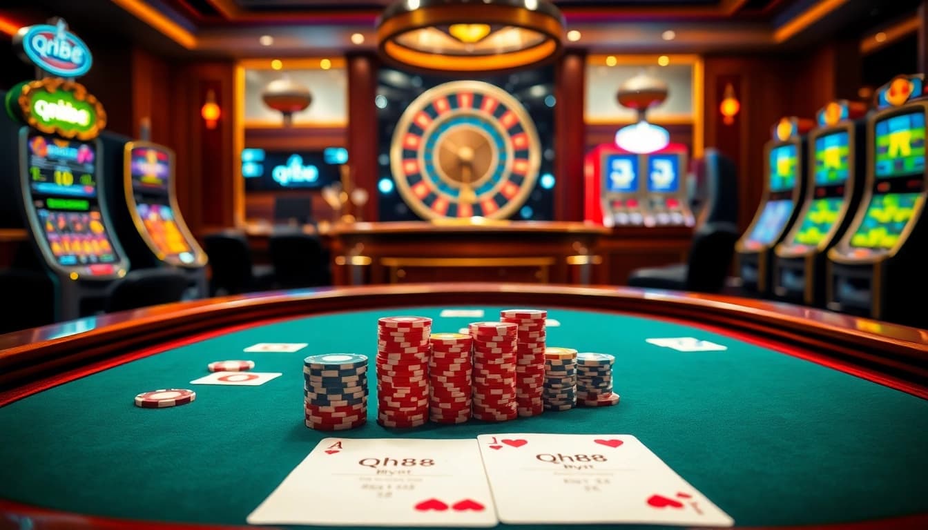 Engaging poker action at qh88 casino with colorful chips and cards, emphasizing excitement.