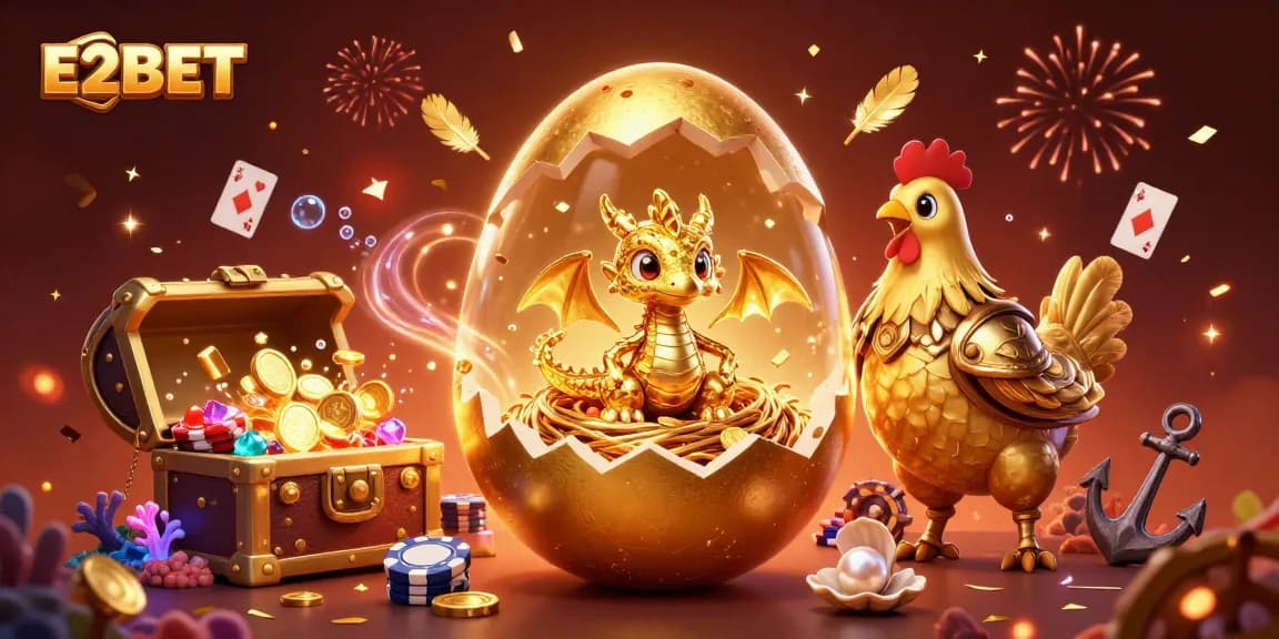 E2BET showcases an exciting gold dragon scene amidst vibrant casino elements and dazzling effects.
