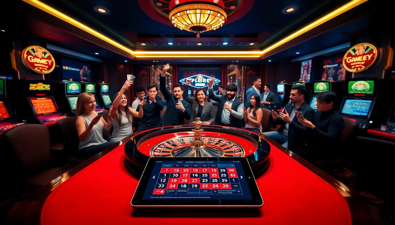 Experience thrilling gaming at https://zbet.nyc/ with a luxurious casino backdrop featuring roulette and eager players.