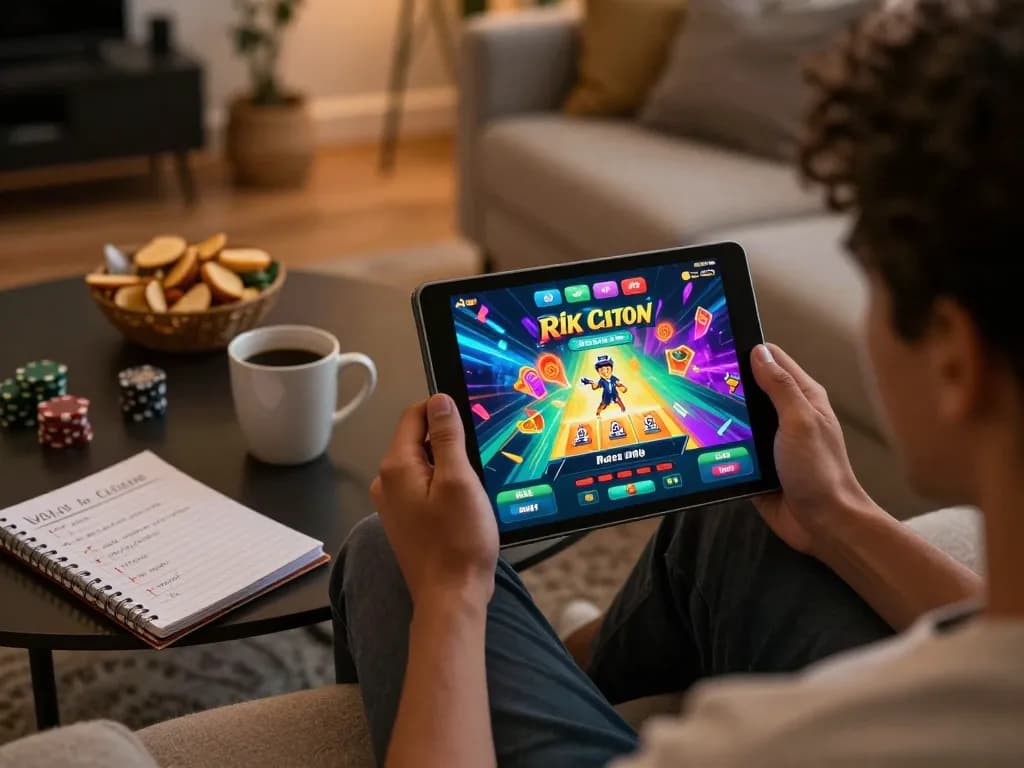 Engaging in a thrilling game of rik vip on tablet with vibrant interface and snacks
