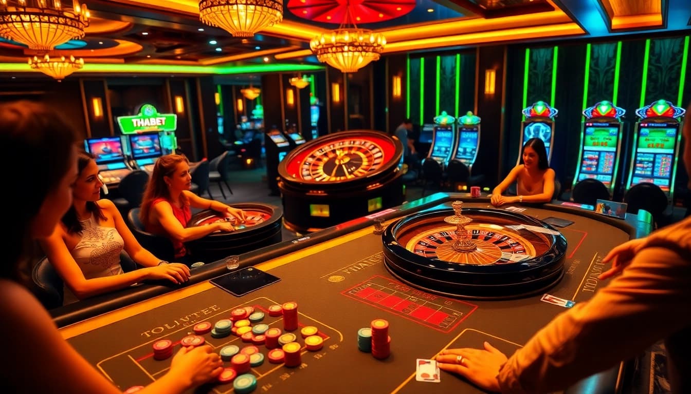 Players enjoying a thrilling game at THABET casino, surrounded by vibrant chips and tables.