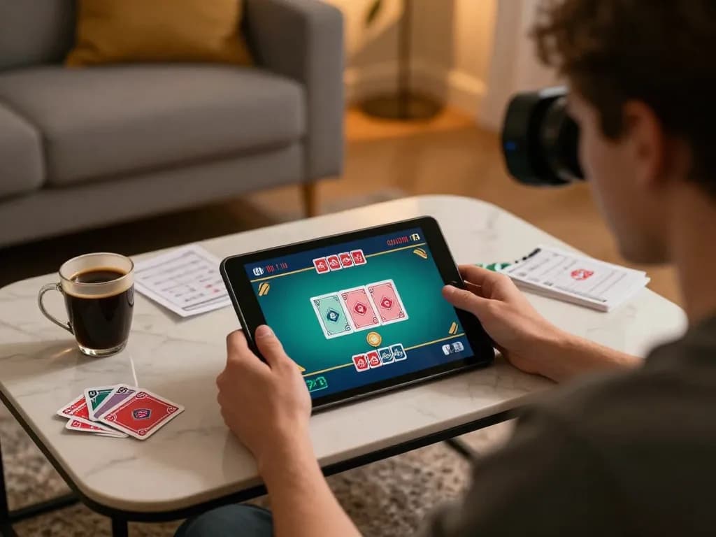 F168 user enjoying an exciting poker game on tablet with strategic notes at home.