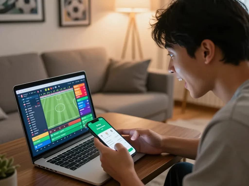 Engaging with soi kèo real madrid insights on a laptop and smartphone in a cozy living room.