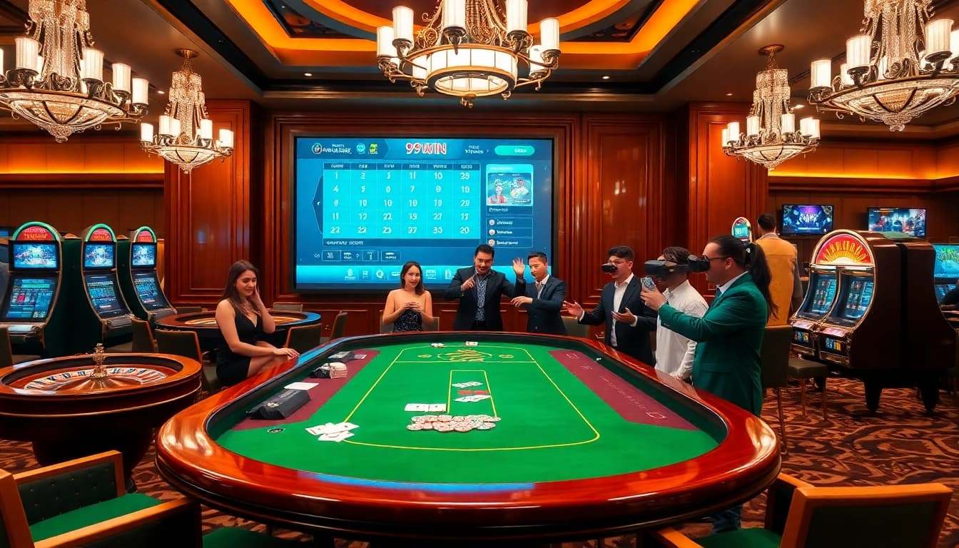Players engaging at 99WIN casino table, vibrant atmosphere with stunning gaming elements.