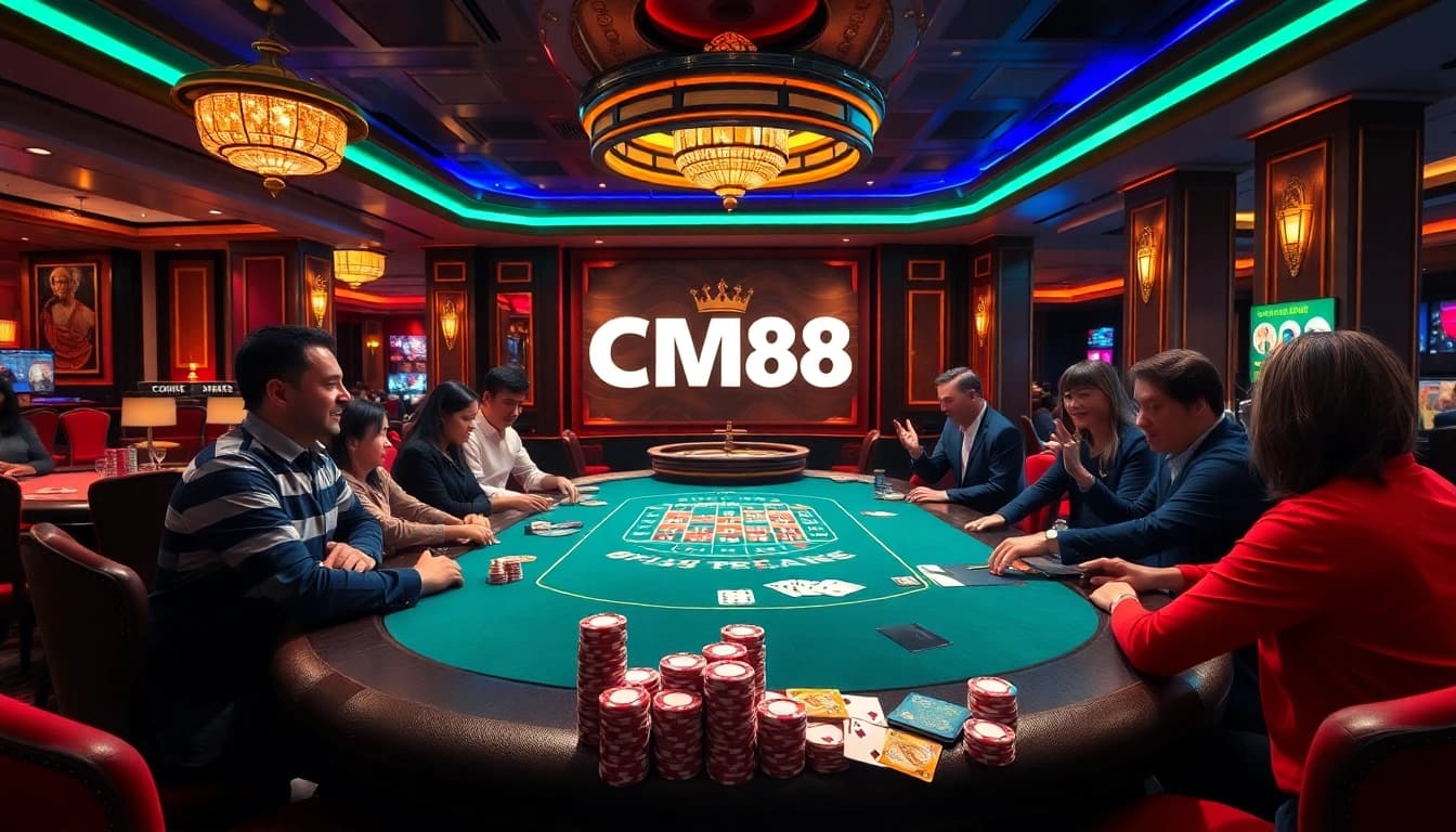 Players engaging in a thrilling poker game at a luxurious casino, featuring CM88 branding.