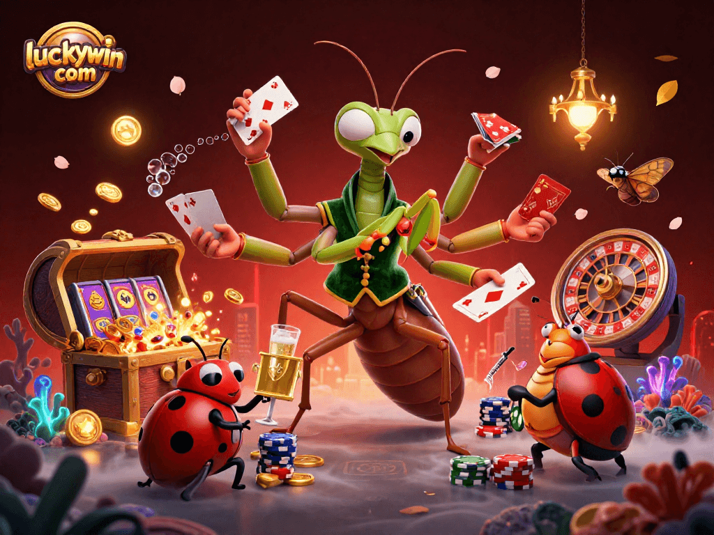 Engage in winning strategies at luckywin com with a vibrant casino scene featuring whimsical characters and dynamic game elements.