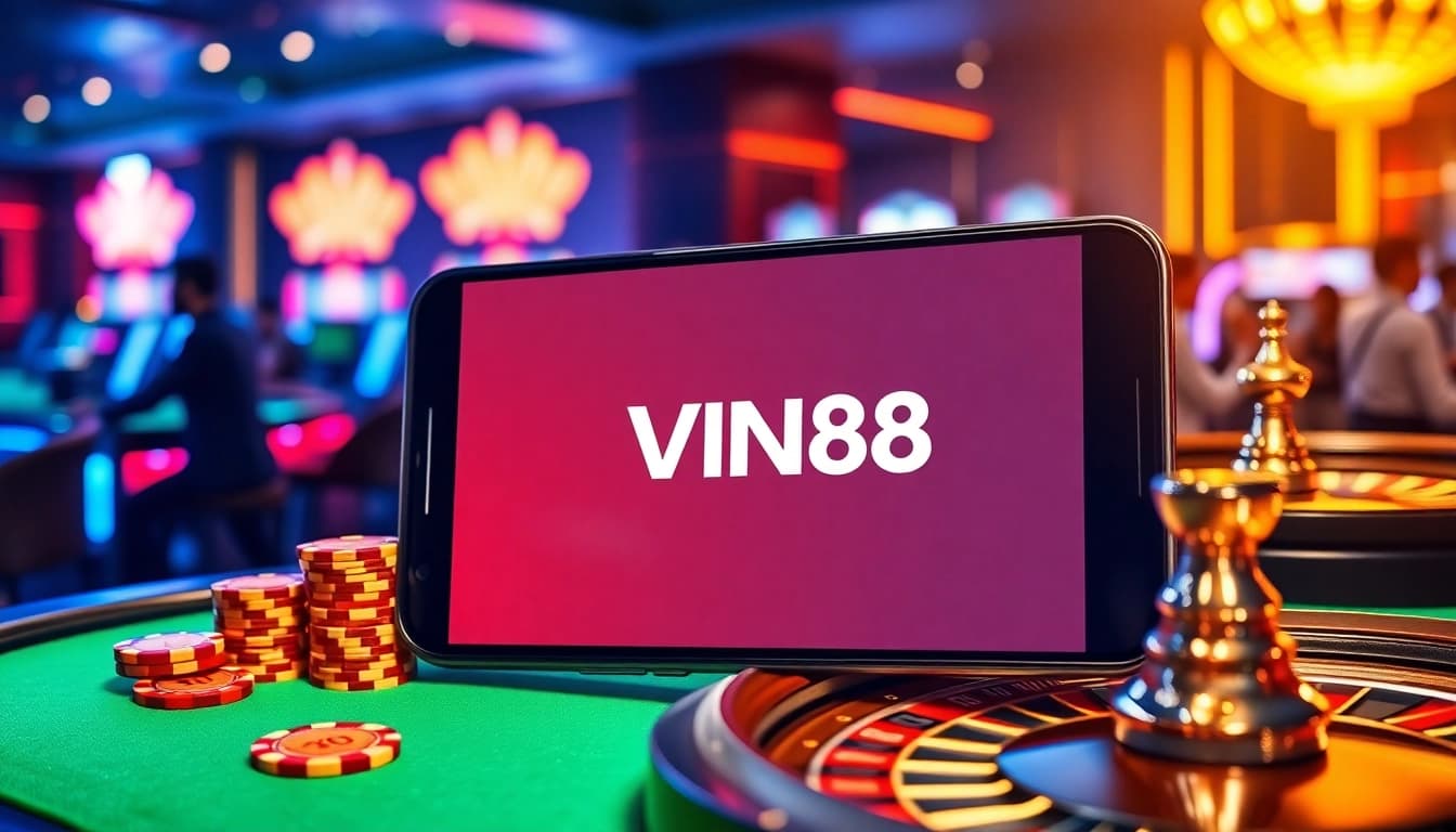 Experience luxury gaming with the VIN88 App displayed on a smartphone in a vibrant casino setting.