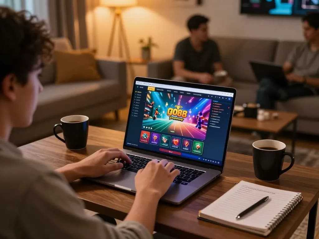 Players enjoying go88 online casino gaming on laptop in cozy living room atmosphere.
