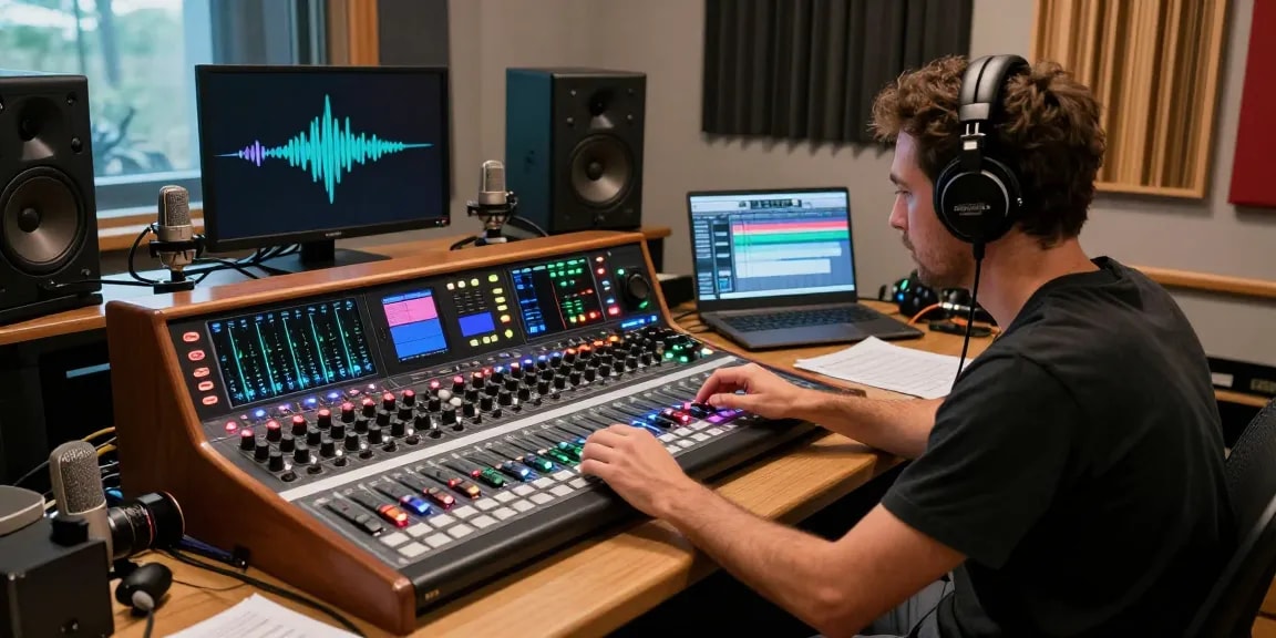 Professional audio studio with Tascam DA-88 and audio engineer mixing tracks