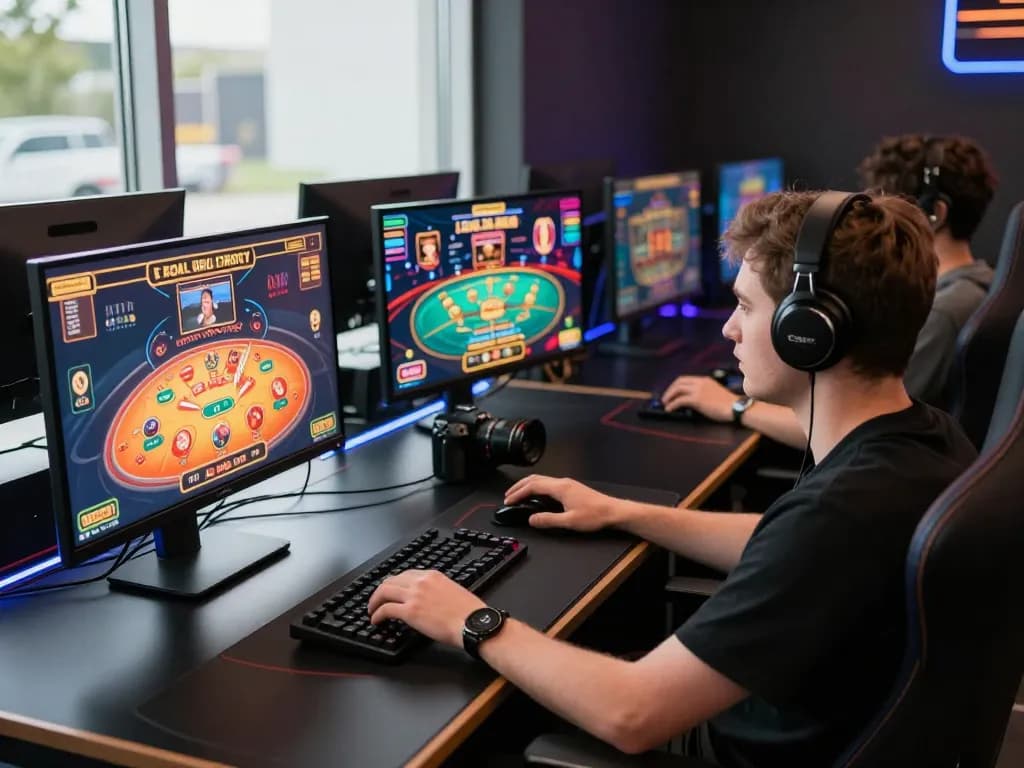 Focused player engages in strategic gameplay on god55 casino games across multiple screens in a modern setup.