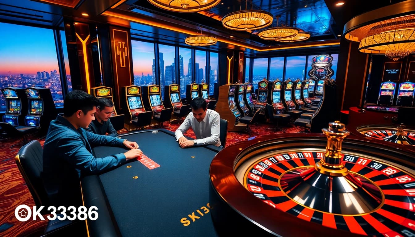 Engaging casino scene featuring a poker game at OK8386, showcasing excitement and luxury.