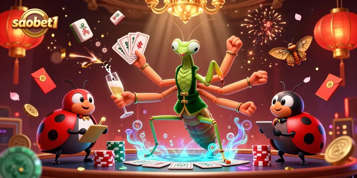 Experience thrilling gameplay with saobet1's vibrant casino scene featuring a giant mantis and ladybug dealers.
