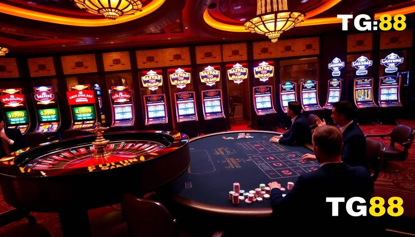 Exciting TG88 casino scene showcasing roulette, poker, and slot machines for players.