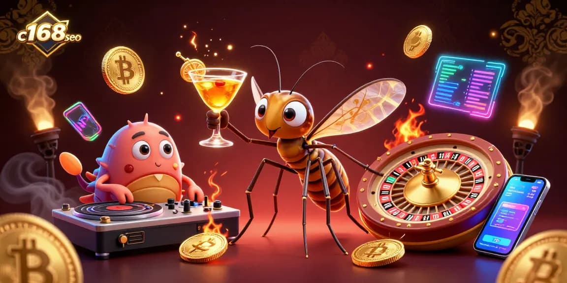 Engage with c168seo at the casino, where a lively frozen mosquito mascot holds a golden cocktail amid vibrant gaming excitement.