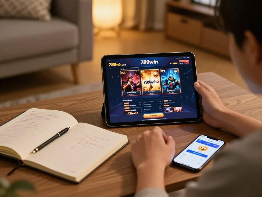 Engaged user playing 789win com casino on tablet in cozy home setting.