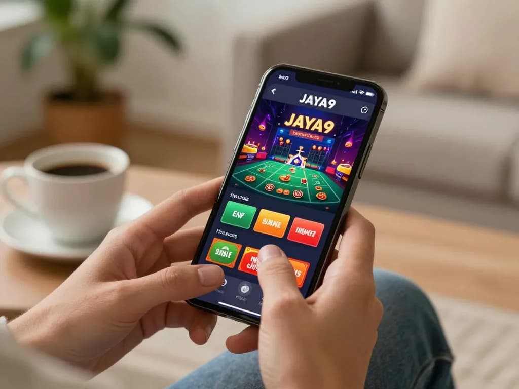 Player enjoying live casino games on JAYA9 mobile app in a cozy home setting.