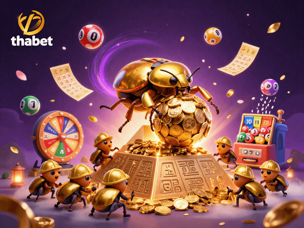 Thabet players engaging with golden coin games and lottery excitement in a bustling casino.