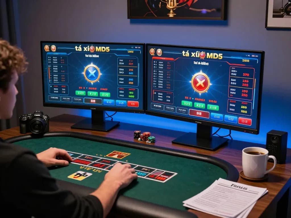 The player engaging in online tài xỉu MD5, showcasing expert strategy at home with vibrant game interface