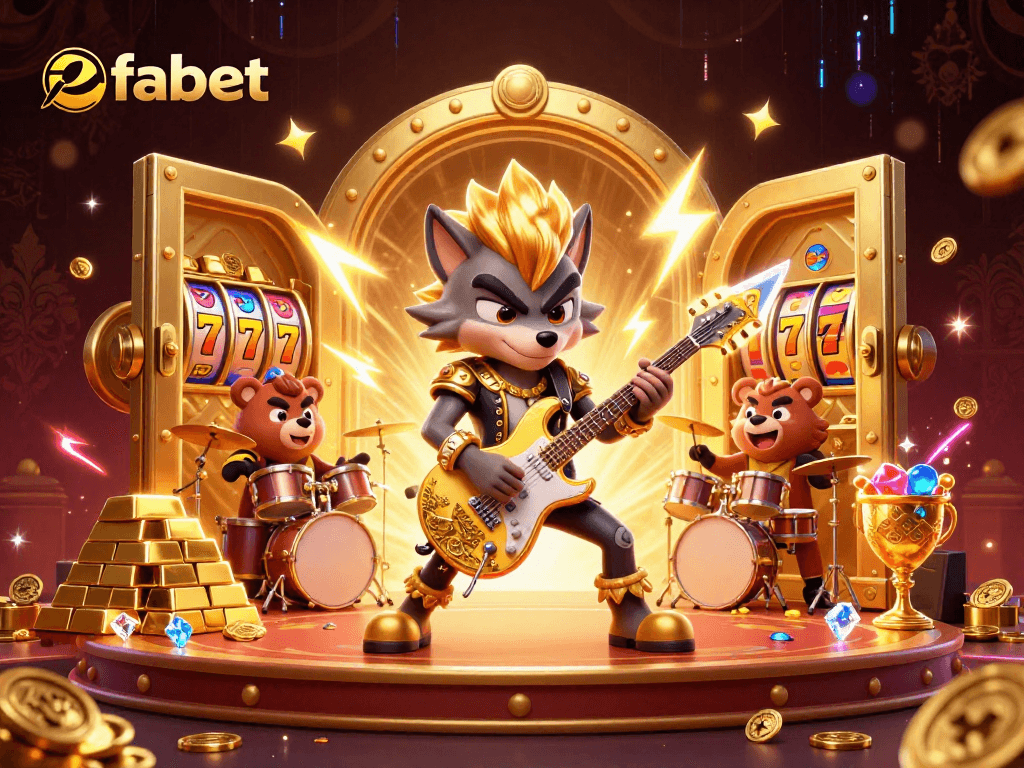 Experience thrilling action at fabet with a vibrant 3D illustration showcasing a rock star wolf and drummer bear.