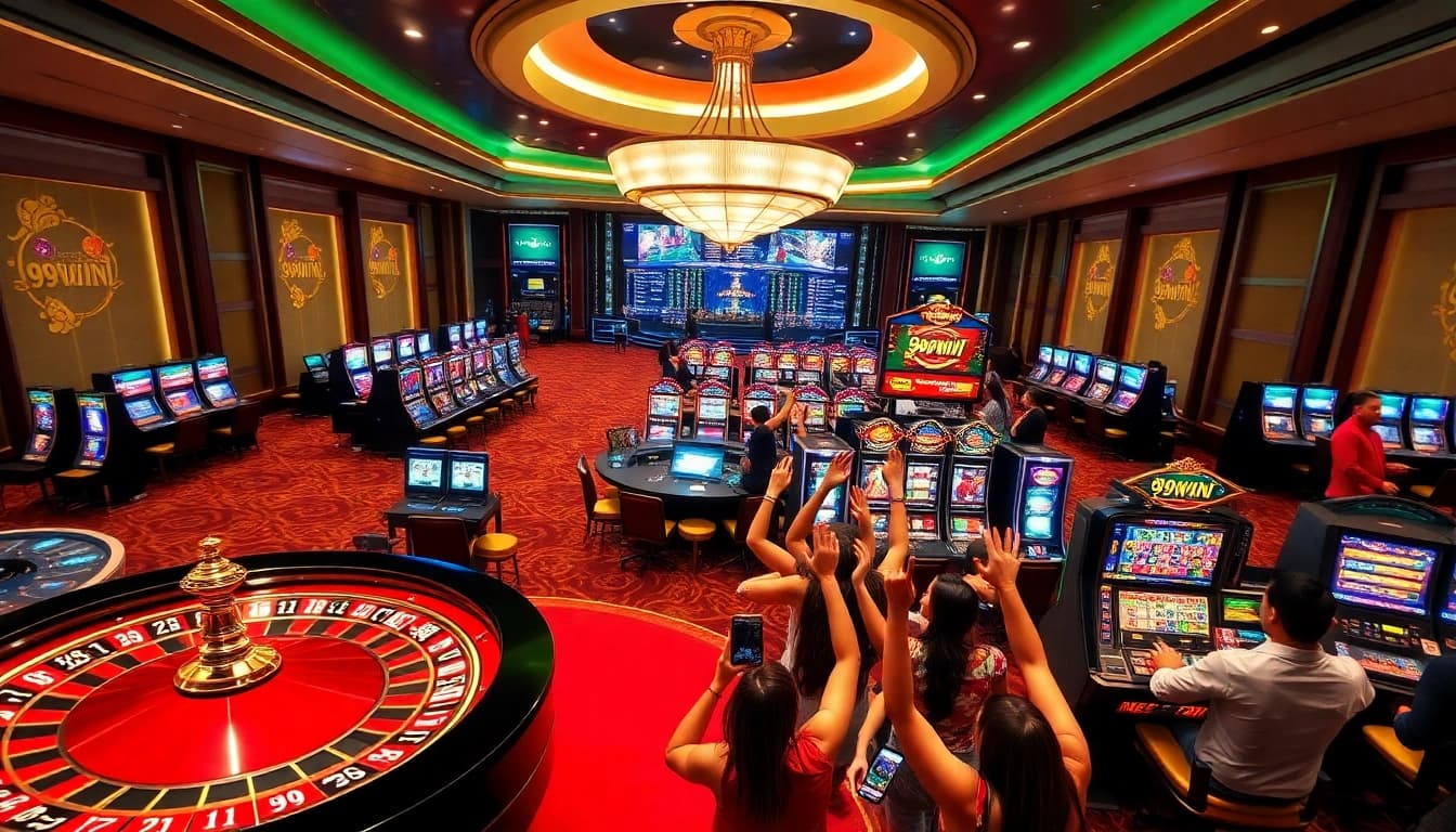 Players celebrating a jackpot win at 99WIN casino under ambient lighting.