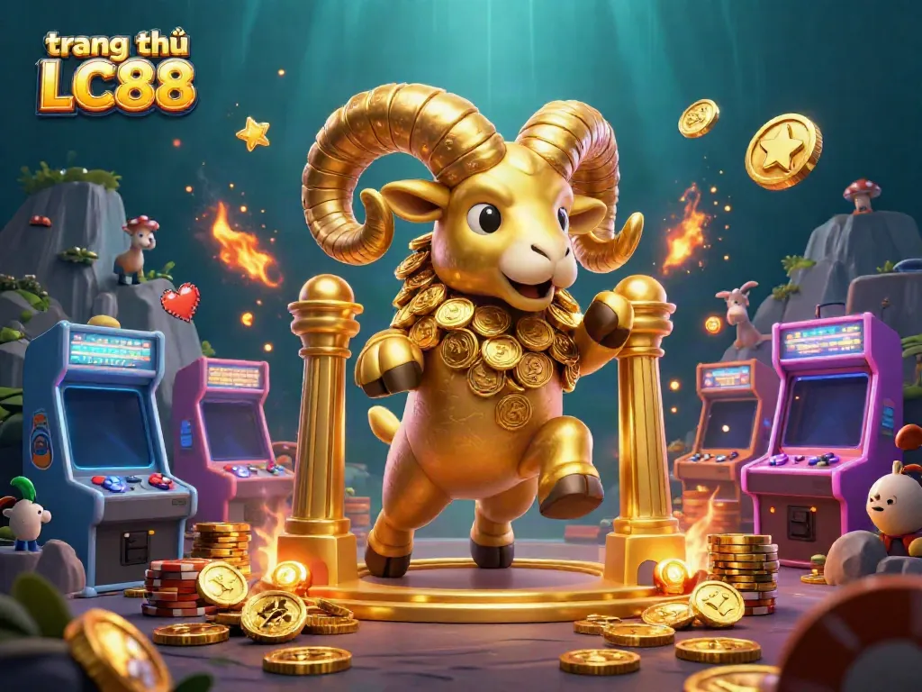 Experience gaming magic with the stunning trang chủ LC88 showcasing a golden ram amidst casino treasures.