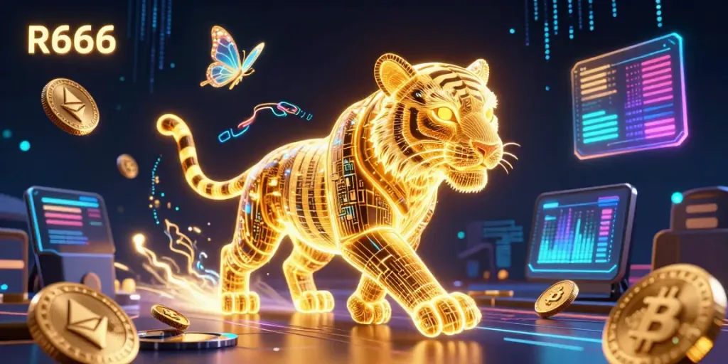 Experience the thrill of R666 with a vibrant digital casino scene featuring a neon-wireframe tiger and crypto elements.