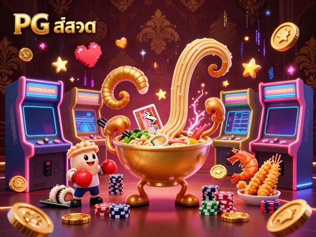 Engage with the vibrant PG สล็อต casino scene showcasing a golden ramen bowl dealer, colorful gaming elements, and dynamic characters.
