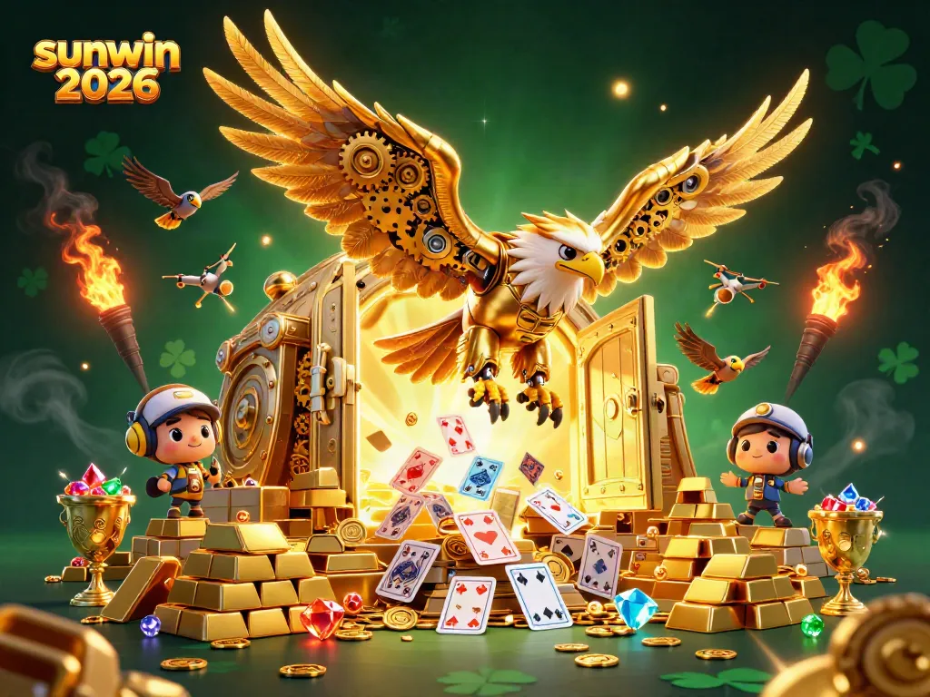 Engage with exciting gaming experiences at sunwin 2026, showcasing a cybernetic golden eagle amidst glittering casino elements.