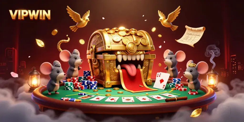 Adventurer mice engage with a treasure chest at VIPWIN, surrounded by dynamic poker elements.