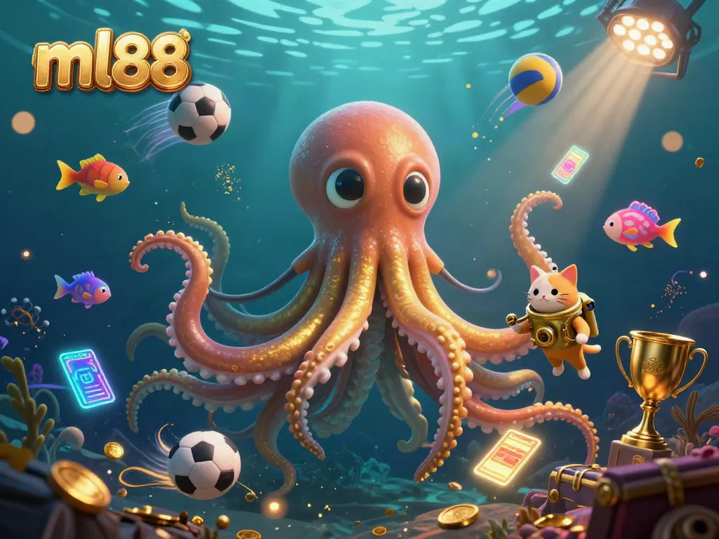 Experience thrilling games at ml88 with a kraken, diving cat, and glowing fish in a vibrant ocean scene.