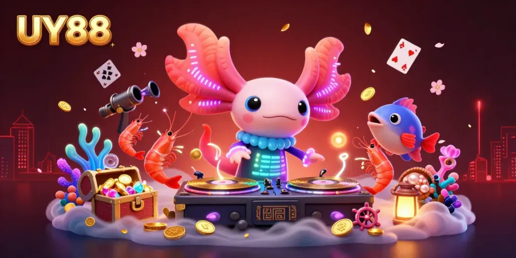 Experience the vibrant atmosphere of UY88 with an axolotl DJ and dazzling underwater casino elements.