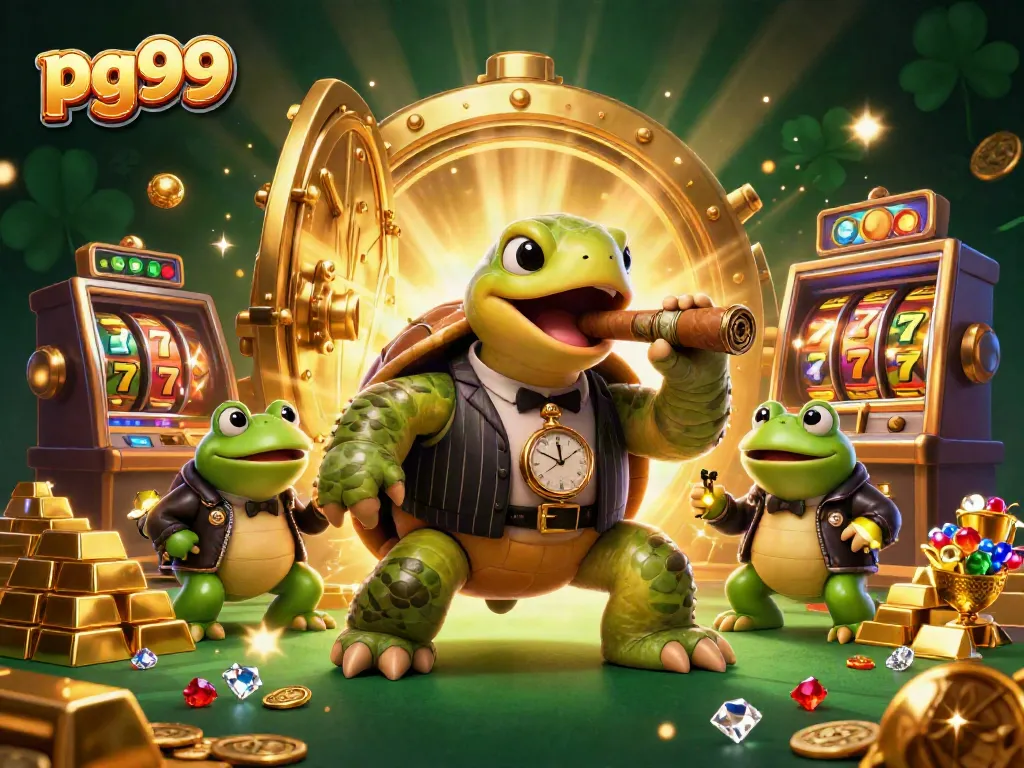 Experience the excitement of pg99 with a vibrant casino scene featuring a turtle and bullfrog enforcers.