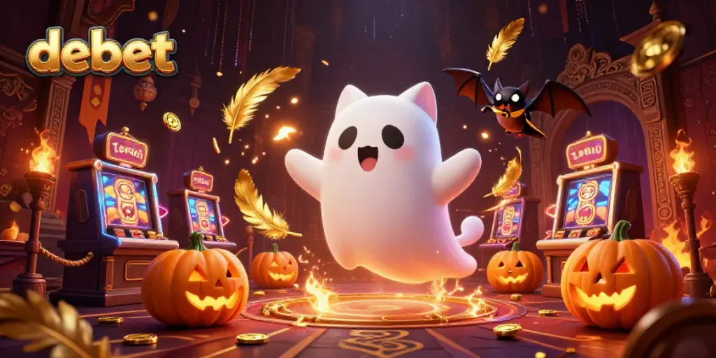 Experience debet's thrilling casino atmosphere featuring a ghost cat and bat amidst glowing poker suit jack-o-lanterns.