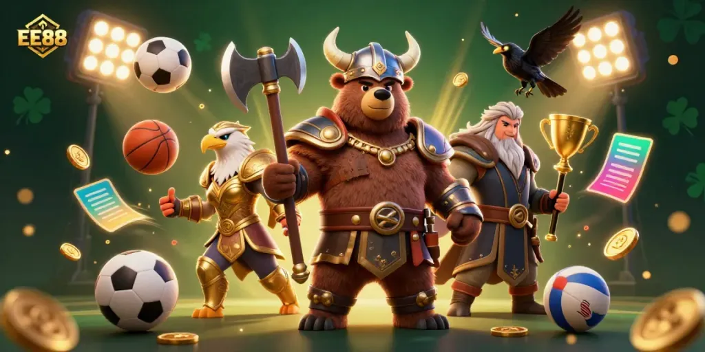 Experience thrilling EE88 gaming with a Viking bear, Valkyrie eagle, and sports elements in an epic scene.
