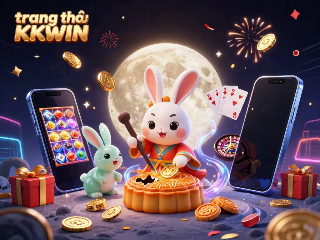 Experience the thrill of gambling at trang chủ KKWIN with a vibrant, animated moon rabbit scene celebrating casino games and jackpots.