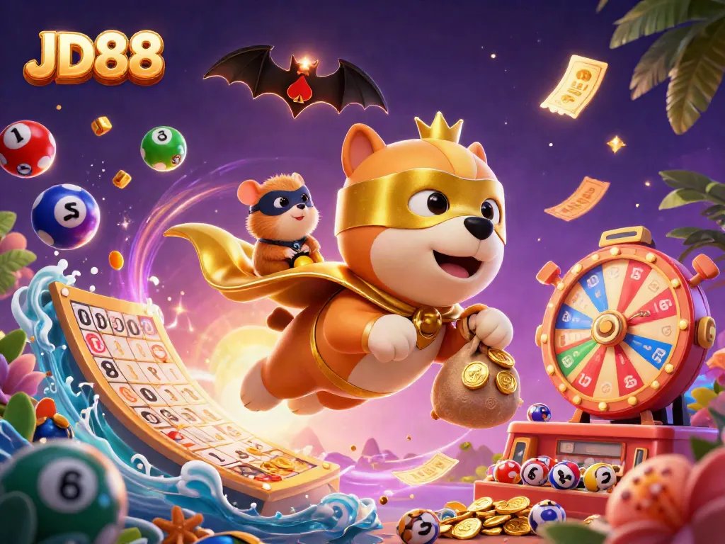 Experience the thrill of JD88 with our vibrant 3D casino-themed illustration featuring a heroic dog and hamster amidst exciting gaming elements.