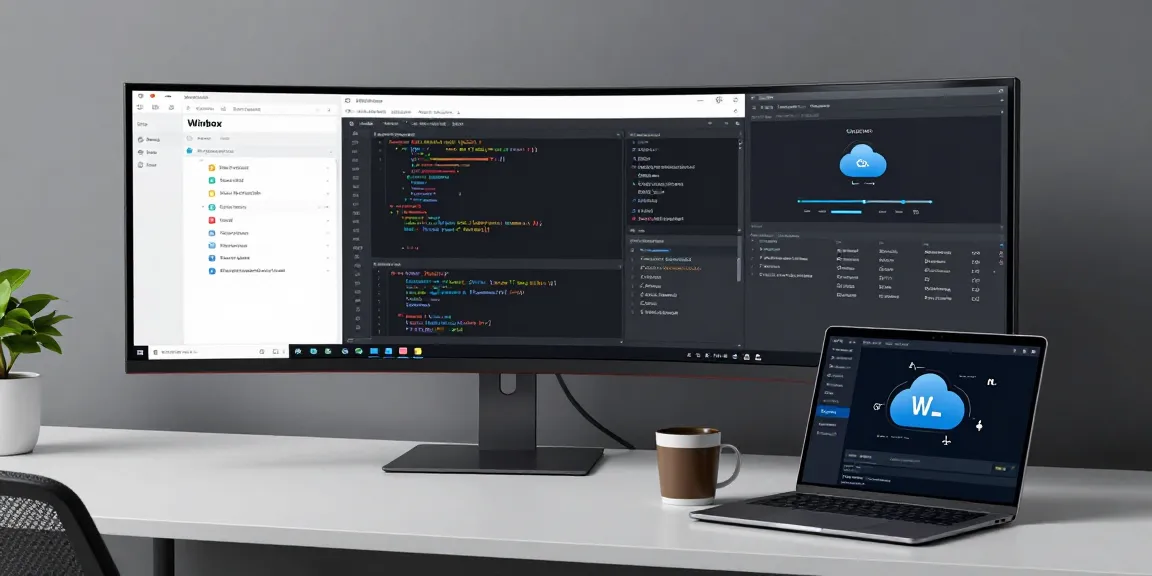 Winbox online casino software interface displayed on a modern developer's workspace highlighting cloud computing technology and robust analytics.