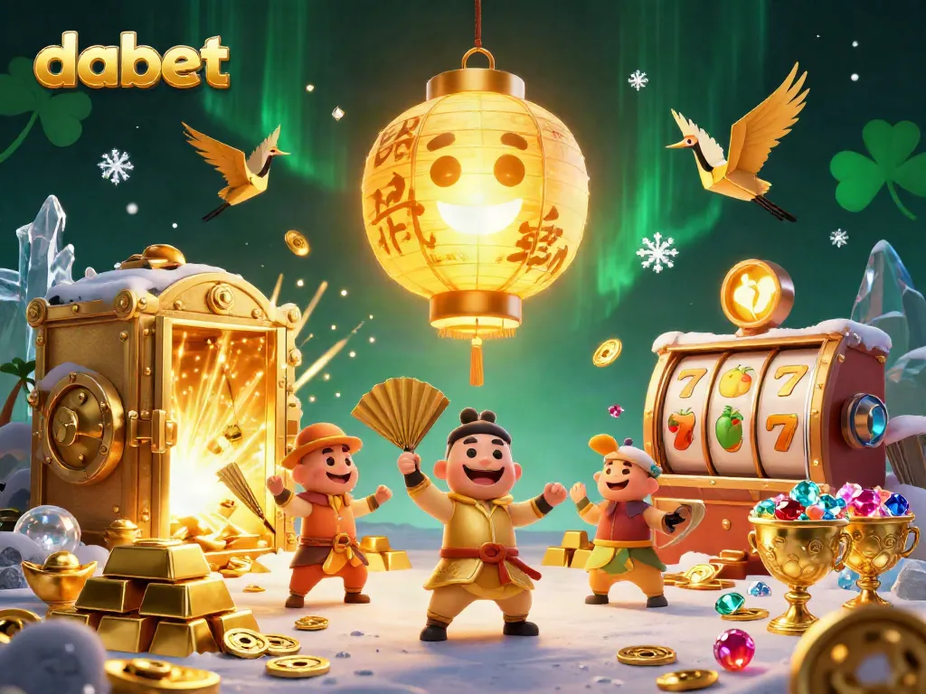 dabet illuminates a vibrant casino scene with golden treasures and lucky symbols.