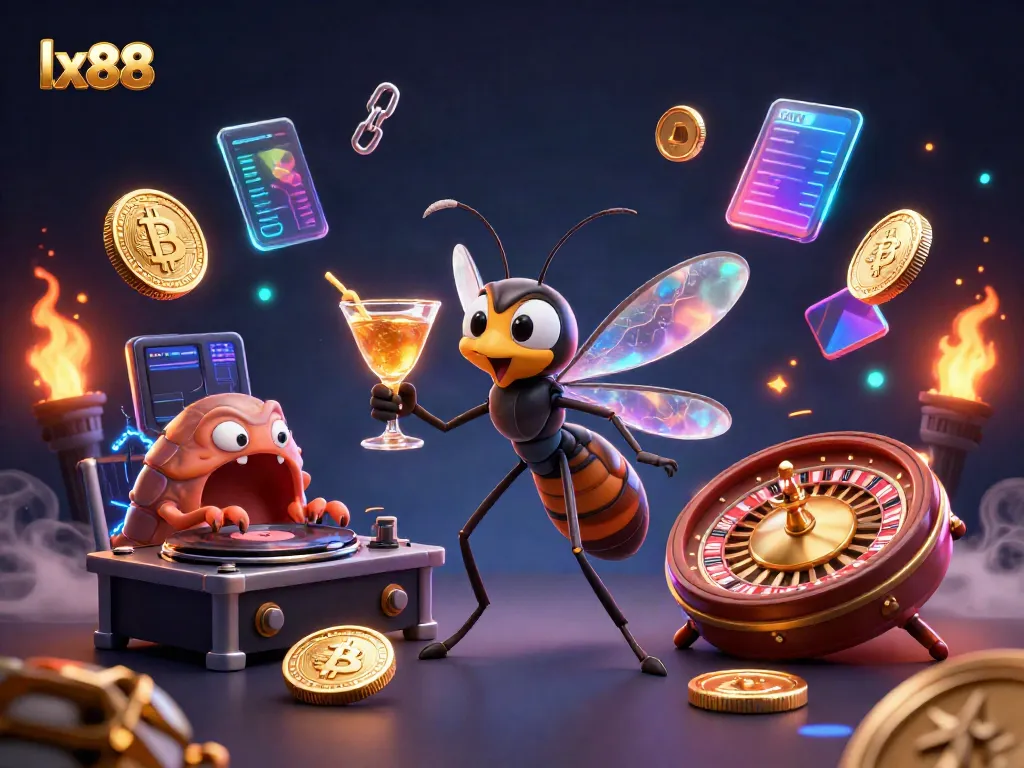 Experience the thrilling atmosphere of lx88 with a vibrant casino illustration featuring unique characters and crypto elements.