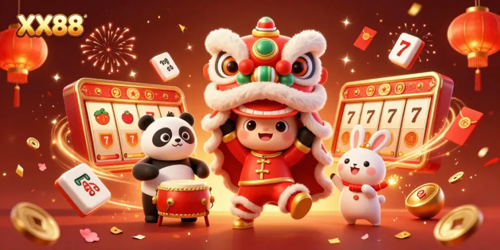 Experience the excitement of XX88 with a vibrant casino-themed lion dance illustration.