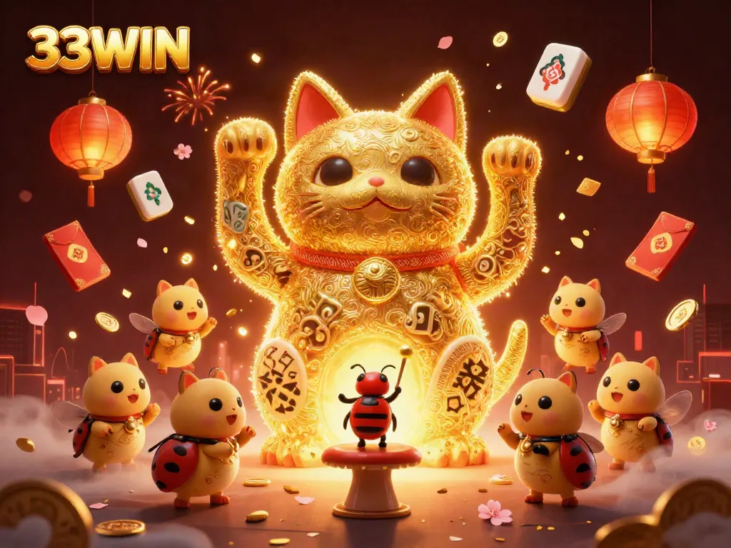 Experience the thrill of winning with 33WIN's vibrant casino scene showcasing lively lucky cat and dynamic symbols.